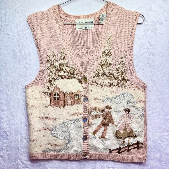 Vintage Hand Knit Marisa Christina Storybook Sweater Vest Holiday Angora Beads - Picture 1 of 6